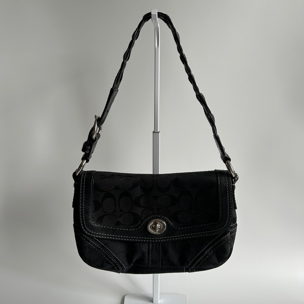 Coach Chelsea Black Signature Canvas Leather Shoulder Bag 11014 Good‎